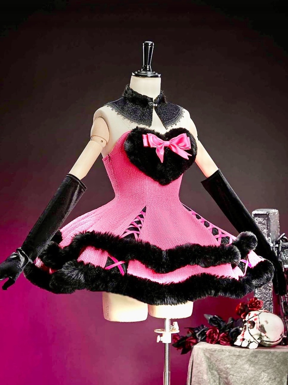 Strapless Pink Party Dress with Black Fur Trim and Bow